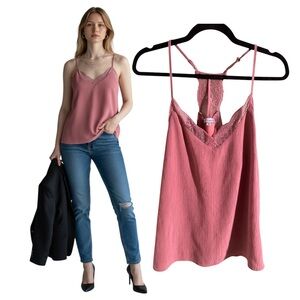 Y2K Pink Lace Trim Racerback Camisole Tank Top | Lace Back | Women’s Medium